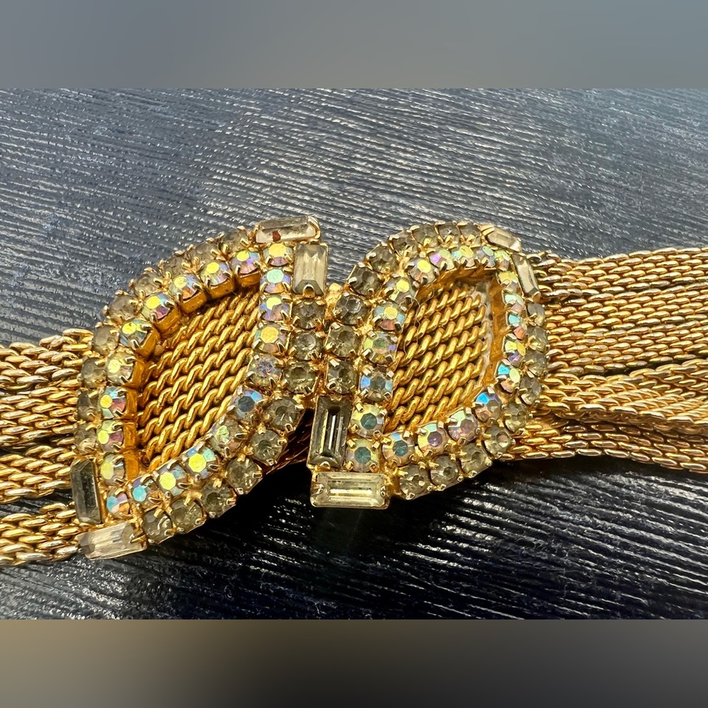 Rare vintage HOBE gold & AB rhinestone costume bracelet 7” multi strand chain - Picture 5 of 14